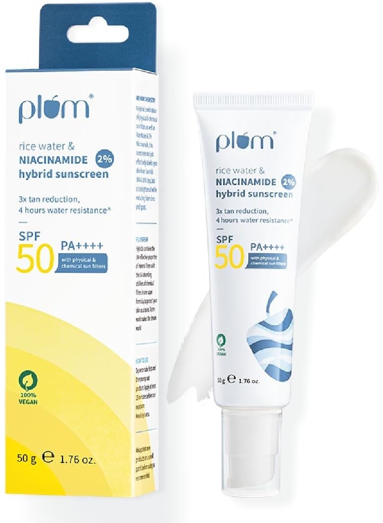 بلوم واقي الشمس البرقوق SPF 50 الوجه مع 2٪ النياسيناميد وماء الأرز الهجين PA+++، يحمي البشرة، لا يلقي الأبيض، يقلل من العيوب، غير دهني، حماية من الأشعة فوق البنفسجية والأشعة فوق البنفسجية، 50 جم - Image 1